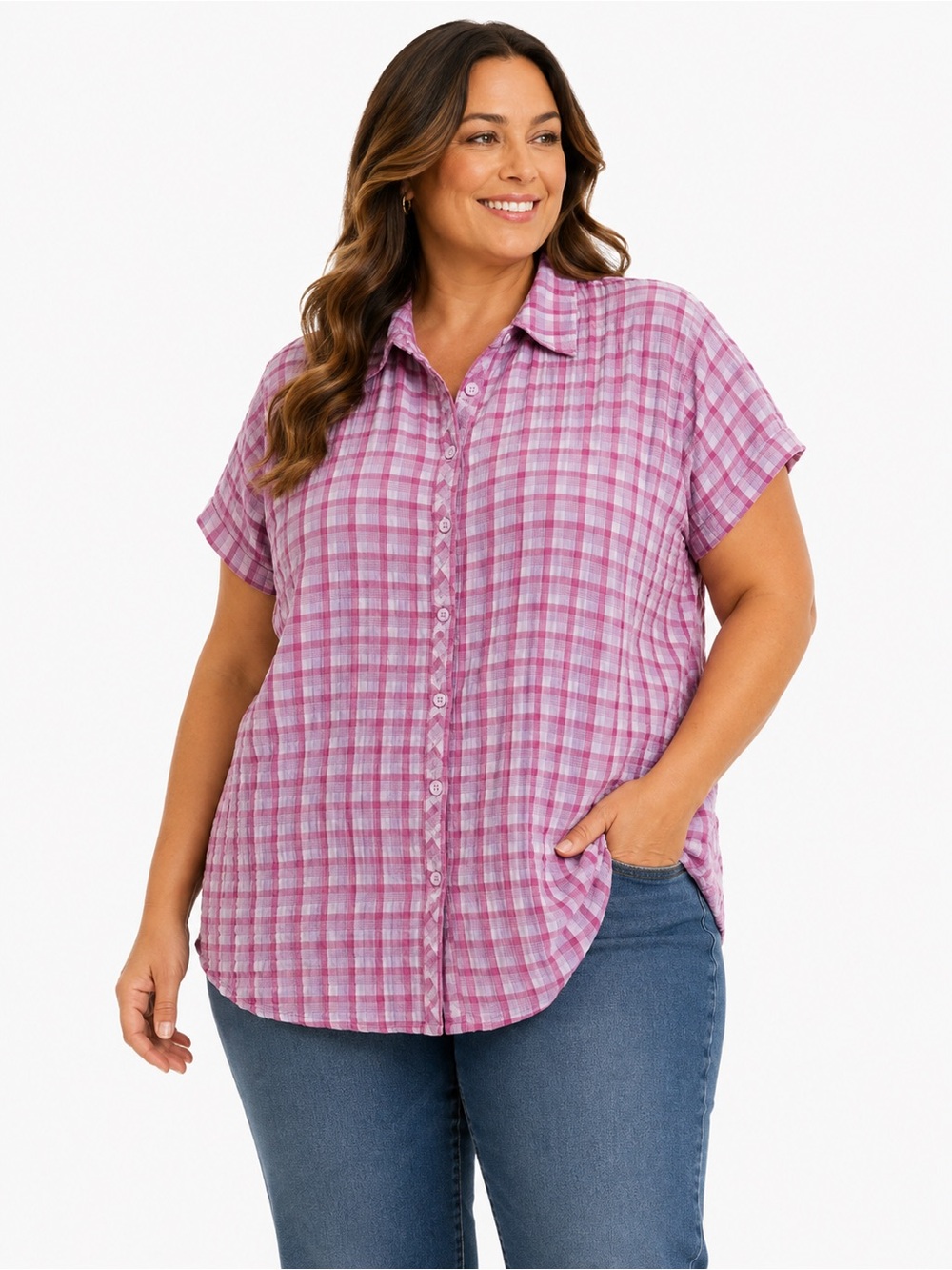 Columbia Short Sleeve Pink Plaid Button-Up Shirt